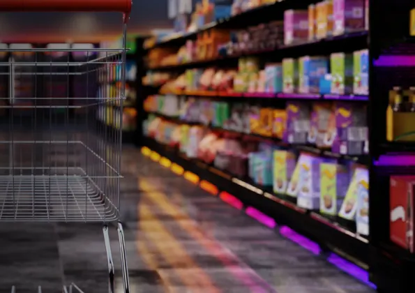 grocery aisle stocked with shelves and cart in center