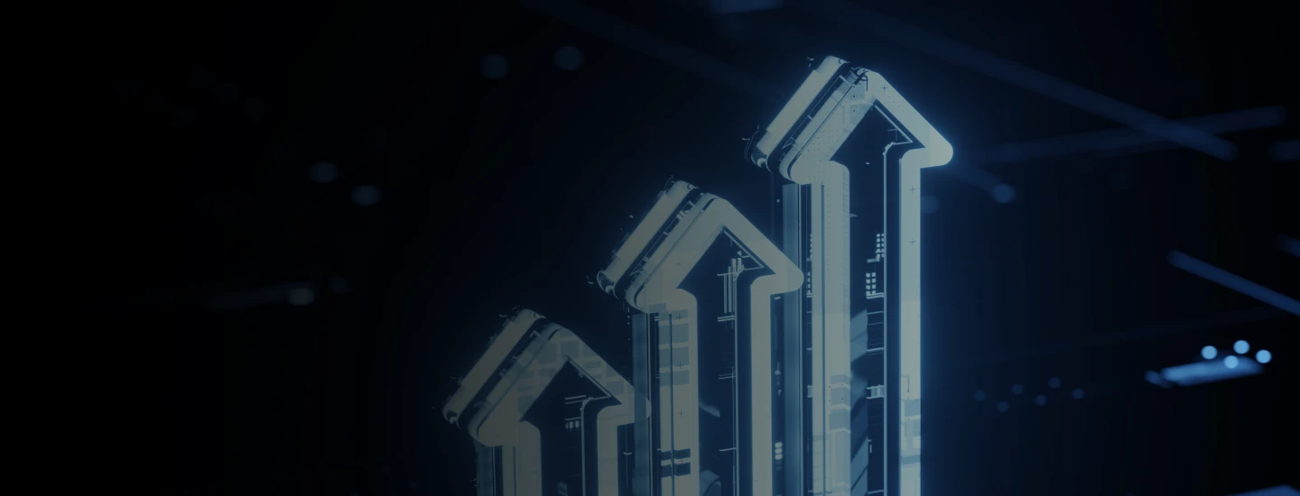 futuristic light blue neon arrows indicating growth and optimization on dark screen