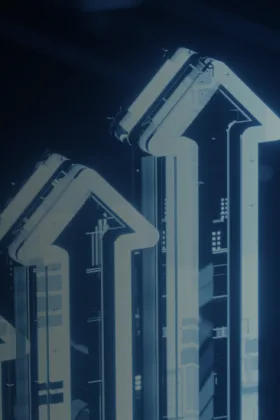 futuristic light blue neon arrows indicating growth and optimization on dark screen