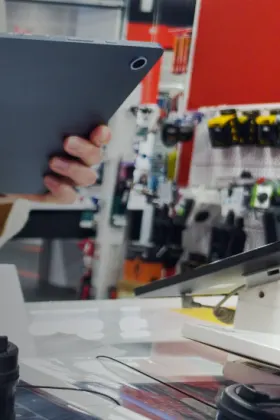 electronics on display in the foreground seen from behind with a woman demoing some in the background