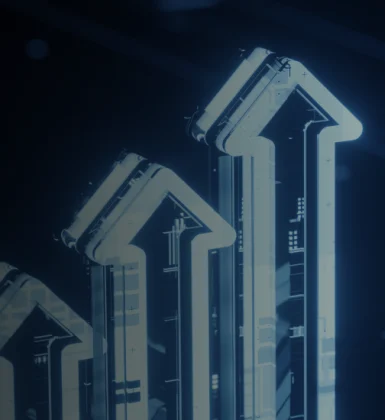 futuristic light blue neon arrows indicating growth and optimization on dark screen