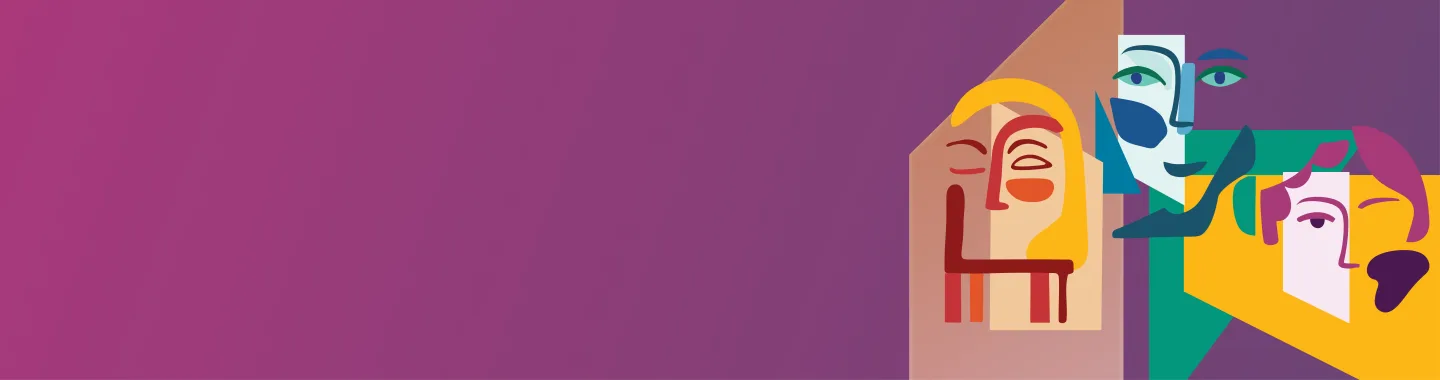 Three abstract, Matisse-inspired faces composed of colorful shapes and cutouts of consumer products like chairs and shoes, set against a gradient purple background.