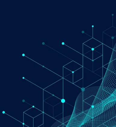 geometric shapes of teal over navy blue background