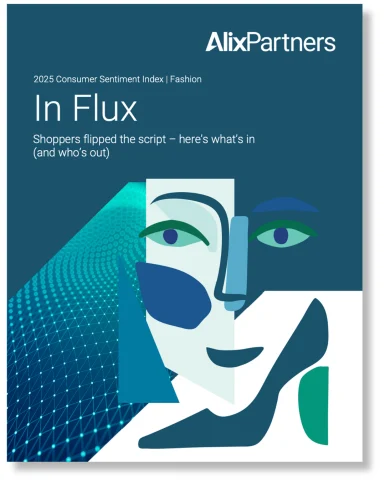 Cover of the 2025 Consumer Sentiment Index: Fashion report, featuring a Matisse-inspired face composed of colorful shapes and an illustrated shoe on a teal background.