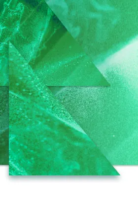 A dark green abstract background behind green triangles