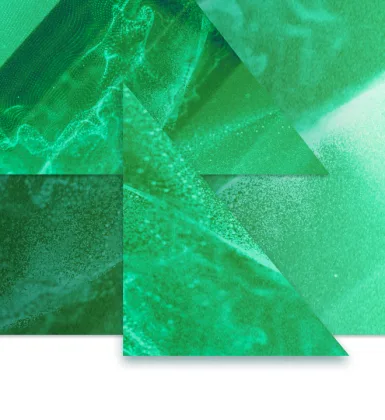 A dark green abstract background behind green triangles