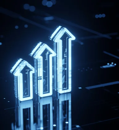 futuristic light blue neon arrows indicating growth and optimization on dark screen