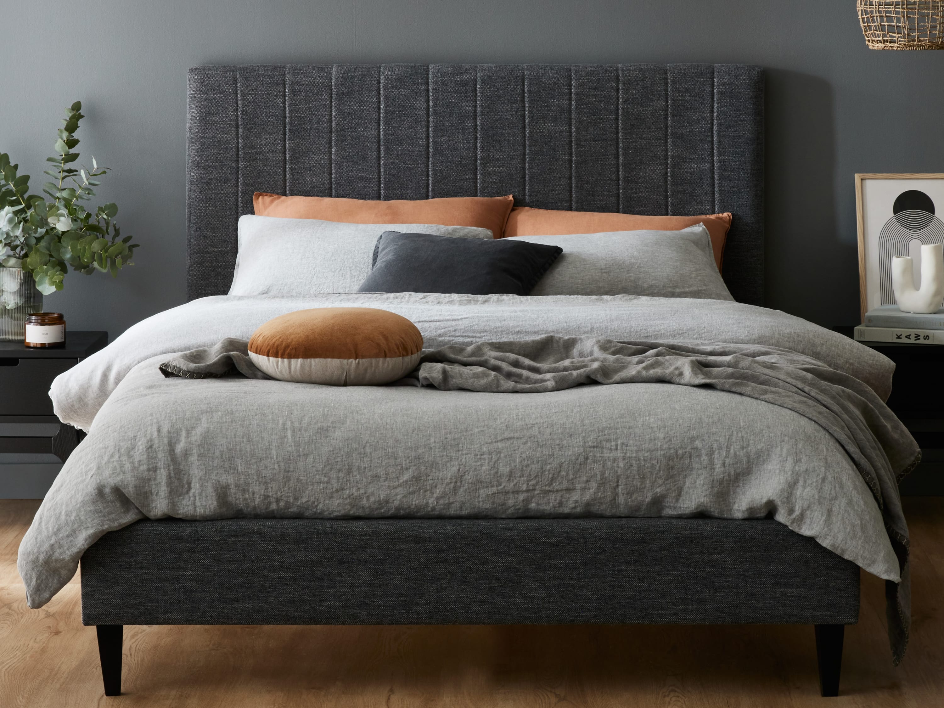 Cannes 2PCE Queen Upholstered Headboard and Bed Base Bundle | Charcoal Fabric