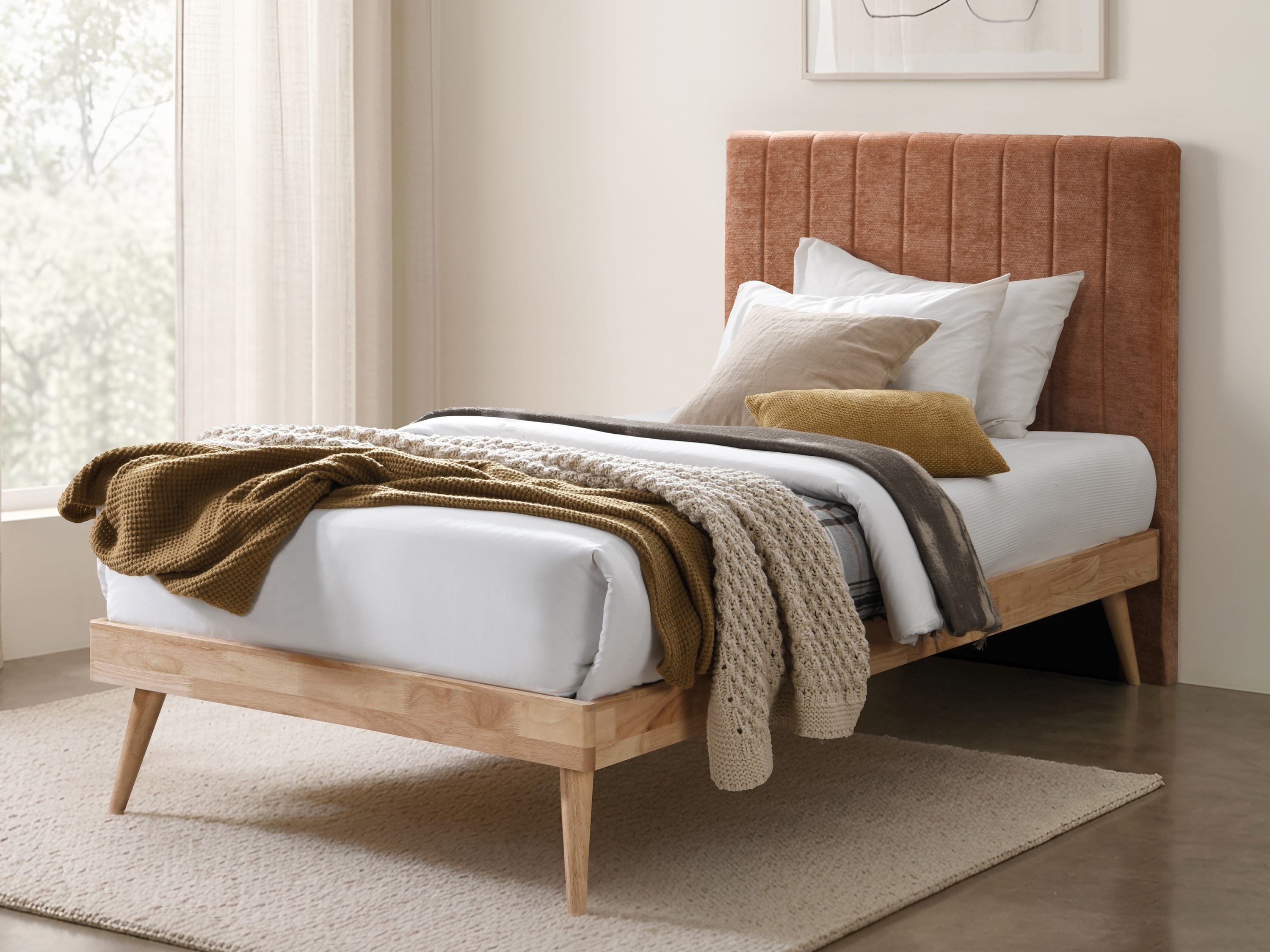 Franki 2PCE King Single Headboard and Bed Base Bundle | Natural & Orange Fabric