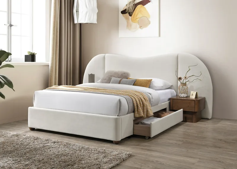 Angora Queen Bedroom Buddy Package | Bed + Mattress Bundle | Cream Mohair Style Fabric