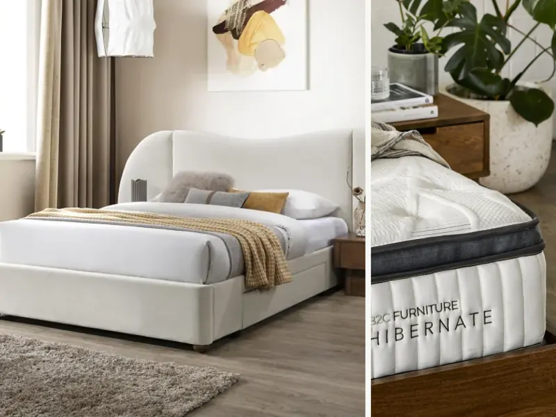 Angora Queen Bedroom Buddy Package | Bed + Mattress Bundle | Cream Mohair Style Fabric