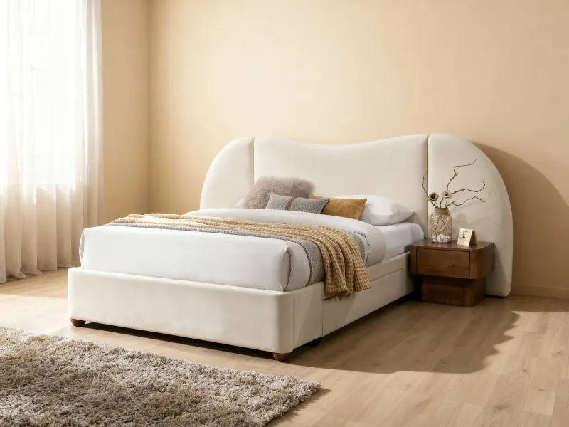 Angora Queen Storage Bed | Cream Mohair Style Fabric