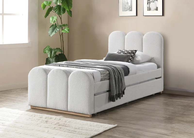Arc King Single Bedroom Buddy Package | Bed + Mattress Bundle | Boucle Beige Fabric