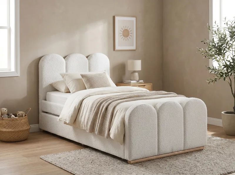 Arc King Single Buddy Bedroom Bundle | Bed + Mattress | Boucle Beige Fabric