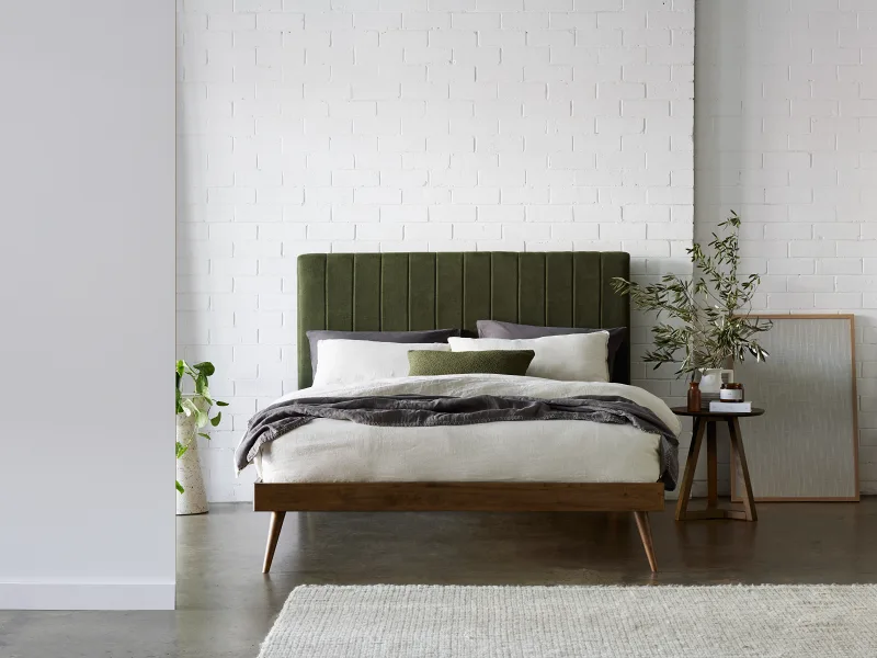 Franki 2PCE Queen Headboard and Bed Base Bundle | Rustic Walnut & Green Fabric