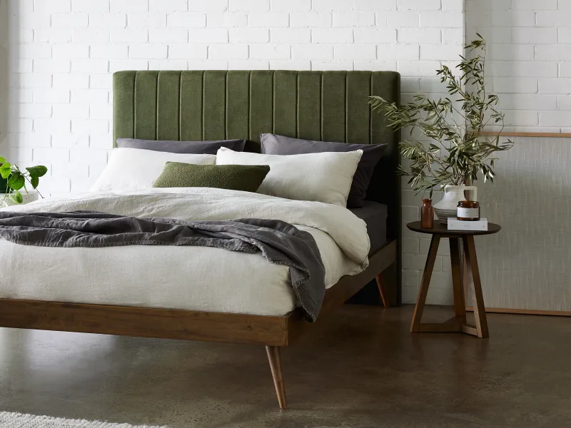 Franki 2PCE Queen Headboard and Bed Base Bundle | Rustic Walnut & Green Fabric