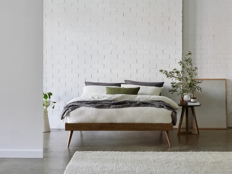 Franki 2PCE Queen Headboard and Bed Base Bundle | Rustic Walnut & Green Fabric