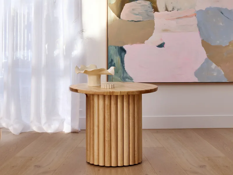 Photo of Jasper Round Side Table | Natural Hardwood in a modern living room
