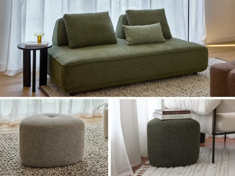 Bean 3PCE Sofa & Ottoman Package | Green & Oat Fabric