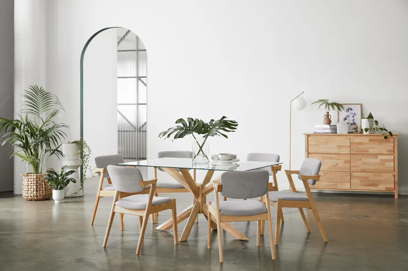 Bella 7PCE Glass Dining Set | Natural Hardwood