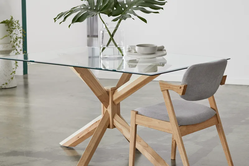 Bella Rectangle Glass Dining Table | Natural Hardwood Frame