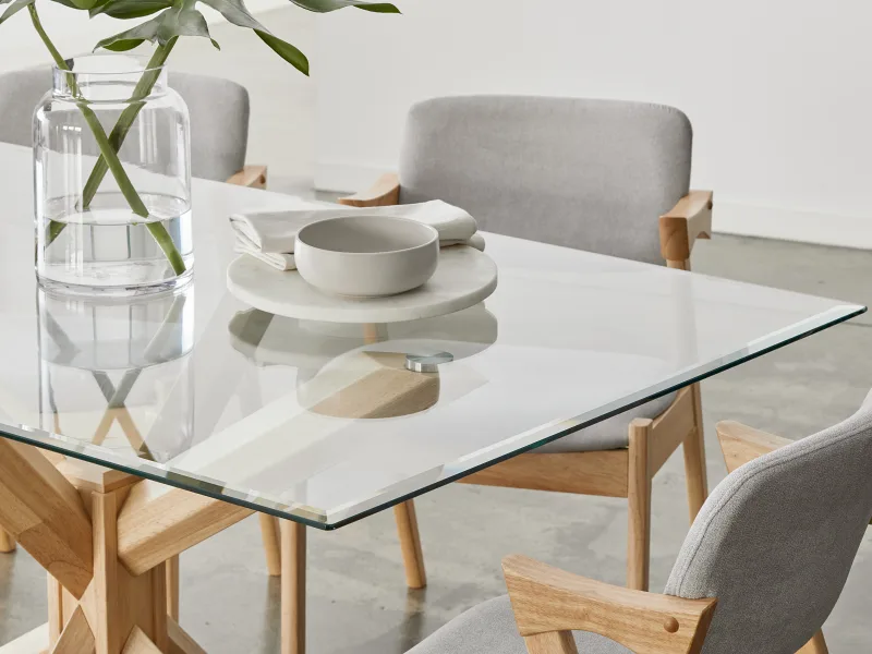 Bella Rectangle Glass Dining Table | Natural Hardwood Frame