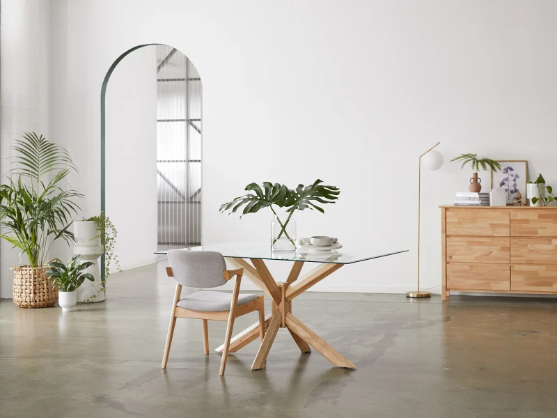 Bella Rectangle Glass Dining Table | Natural Hardwood Frame
