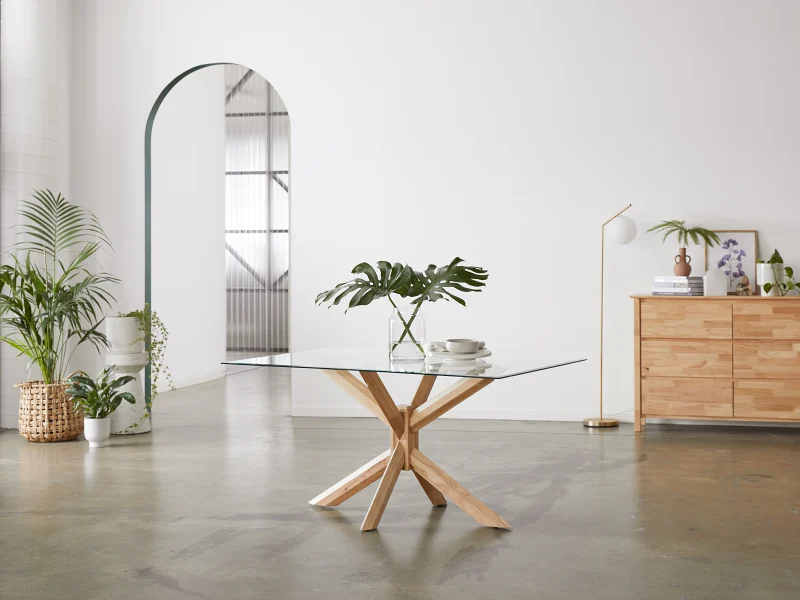 Bella Rectangle Glass Dining Table | Natural Hardwood Frame