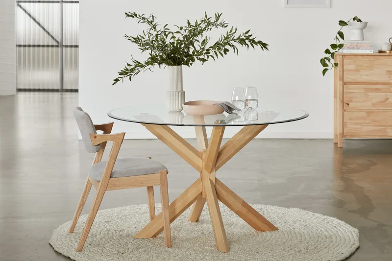 Bella Round Glass Dining Table | Natural Hardwood Frame