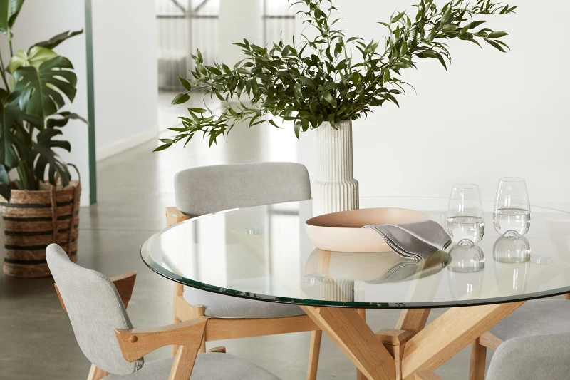 Bella Round Glass Dining Table | Natural Hardwood Frame