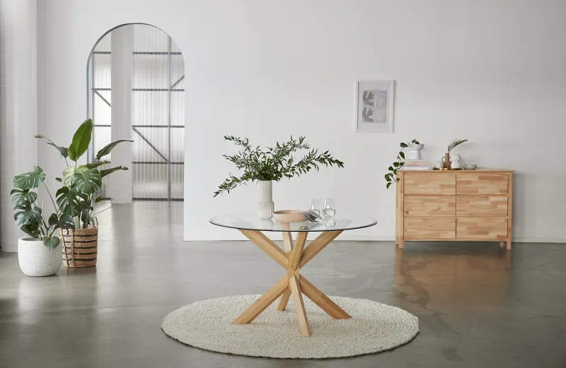 Bella Round Glass Dining Table | Natural Hardwood Frame