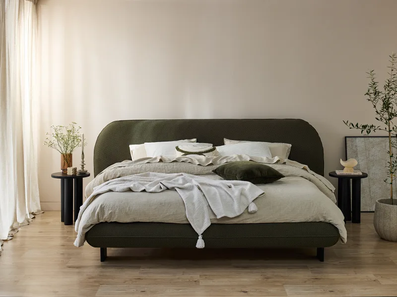 Berlyn Queen Bed | Olive Green Waffle Fabric