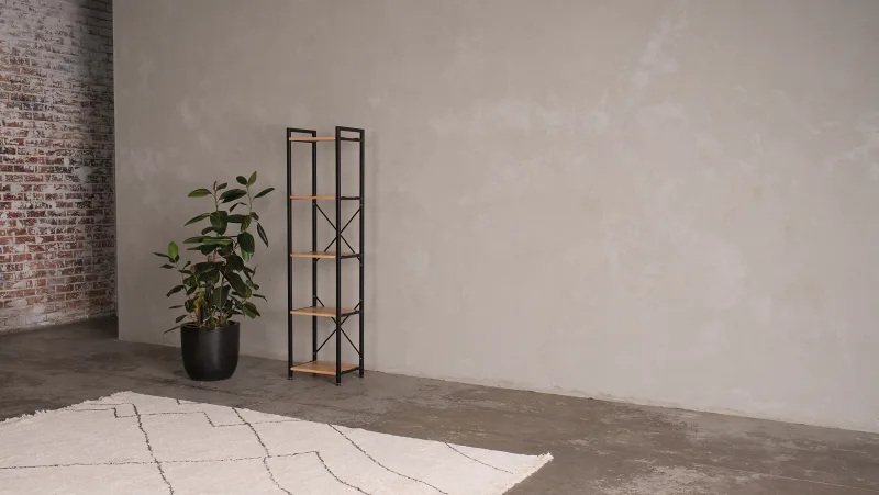 Axel Modular Main Shelving Unit | Black Steel & Natural Hardwood | Narrow (1850 x 450mm)