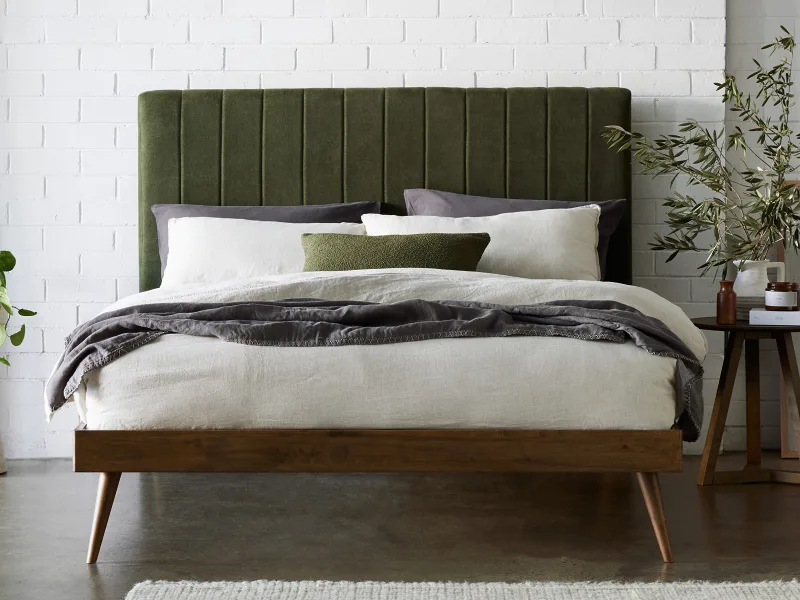 Franki 2PCE Queen Headboard and Bed Base Bundle | Rustic Walnut & Green Fabric