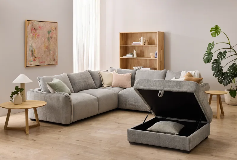 Cosy Grey Corner Sofa with Storage Ottoman