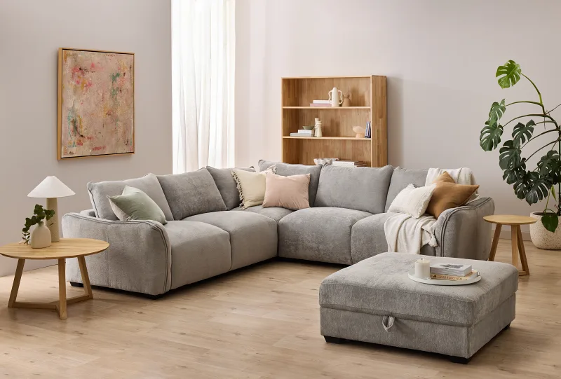 Cosy Grey Corner Sofa with Storage Ottoman