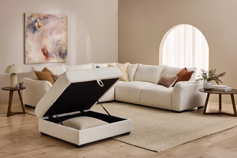 Cosy White Corner Sofa with Storage Ottoman
