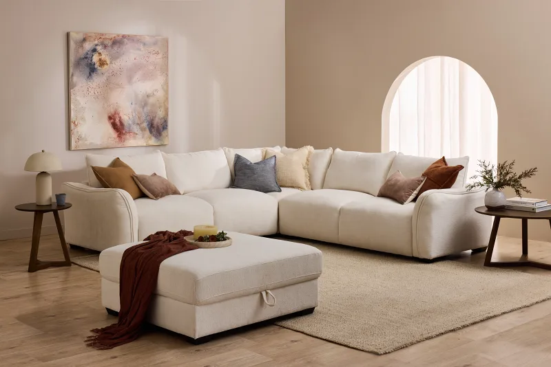 Cosy White Corner Sofa with Storage Ottoman