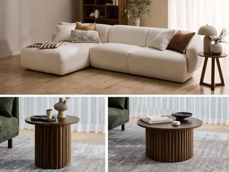 Courbe 3PCE Living Room Package | Left Chaise | White & Rustic Walnut