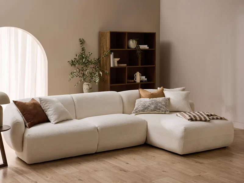 Courbe 3PCE Living Room Package | Right Chaise | White & Rustic Walnut