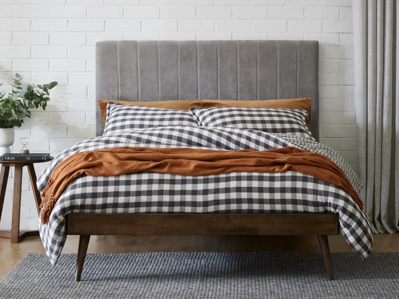 Franki 2PCE Queen Headboard and Bed Base Bundle | Rustic Walnut & Grey Fabric
