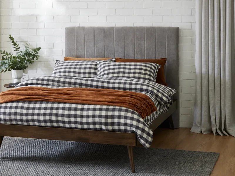 Franki 2PCE Queen Headboard and Bed Base Bundle | Rustic Walnut & Grey Fabric
