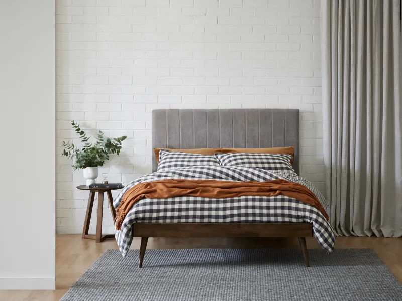 Franki 2PCE Queen Headboard and Bed Base Bundle | Rustic Walnut & Grey Fabric
