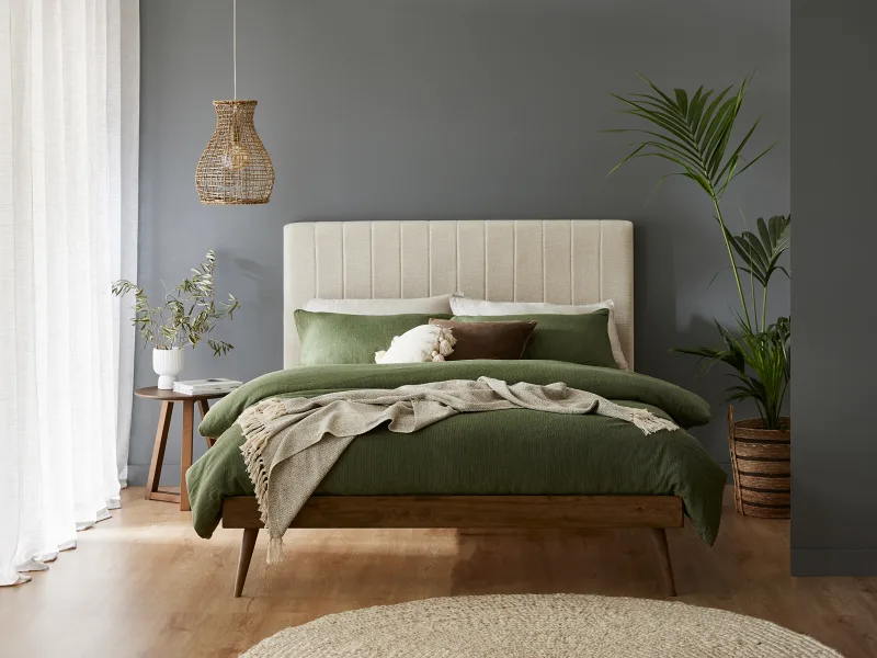 Franki 2PCE Double Headboard and Bed Base Bundle | Rustic Walnut & Beige Fabric