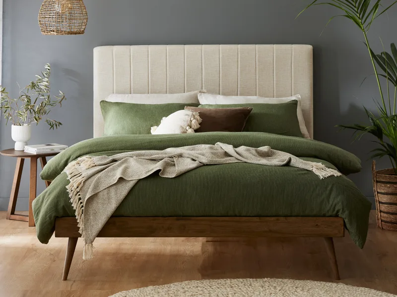 Franki 2PCE Double Headboard and Bed Base Bundle | Rustic Walnut & Beige Fabric