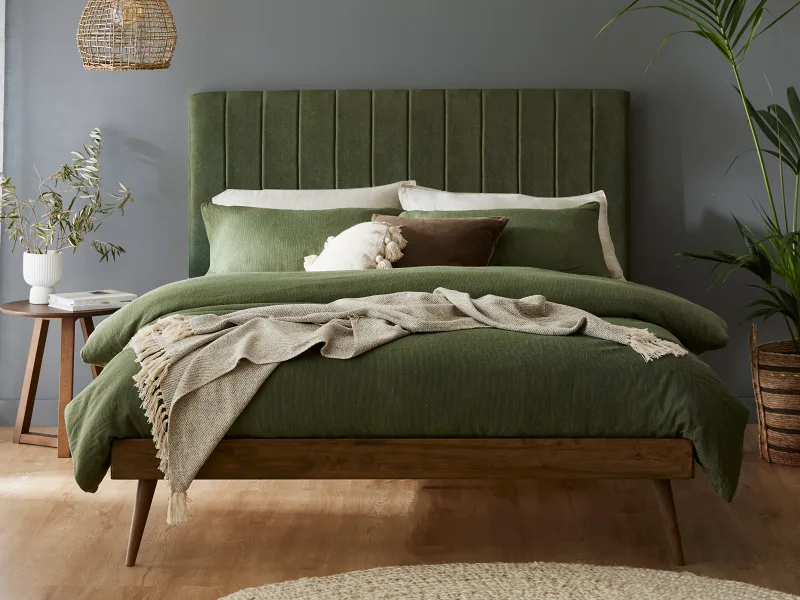 Franki 2PCE Double Headboard and Bed Base Bundle | Rustic Walnut & Green Fabric