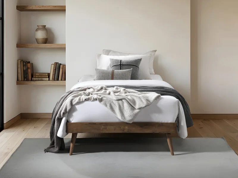 Franki 2PCE Single Headboard and Bed Base Bundle | Rustic Walnut & Orange Fabric