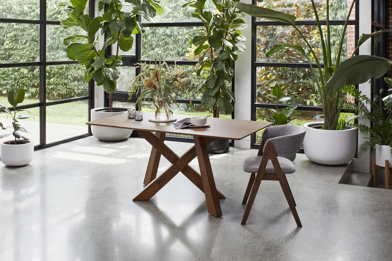 Gaudi 7PCE Hardwood Dining Set | Rustic Walnut | Grey Fabric
