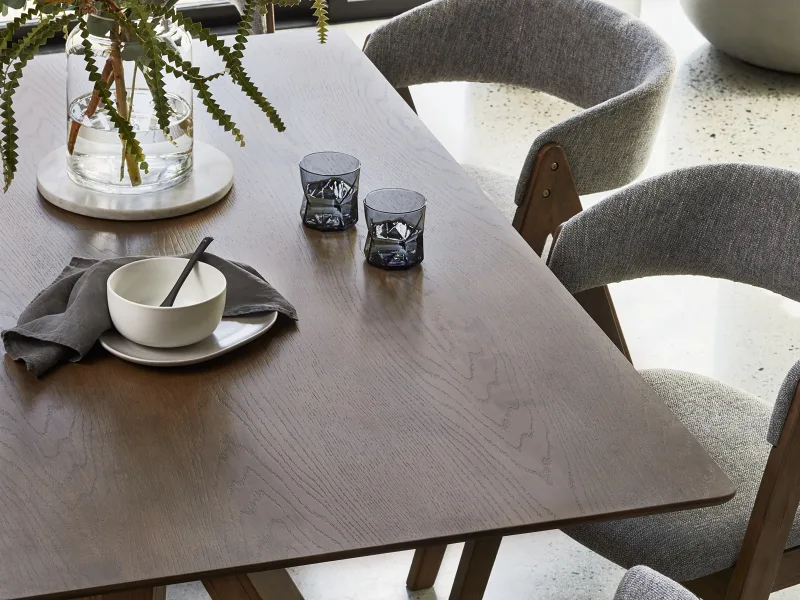 Gaudi 7PCE Hardwood Dining Set | Rustic Walnut | Grey Fabric