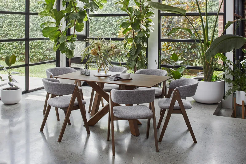 Gaudi 7PCE Hardwood Dining Set | Rustic Walnut | Grey Fabric